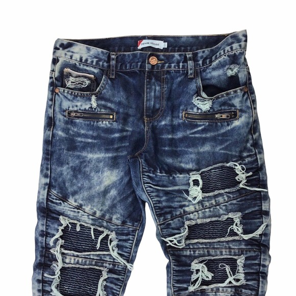 DENIM HOUSE Jeans Men 34x32 Blue Moto Zipper Dark Acid Wash Distressed Destroyed - Picture 2 of 5